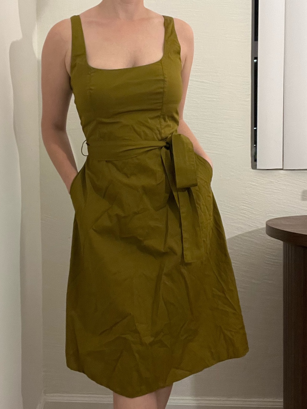 Olive Green midi dress with belt and pockets